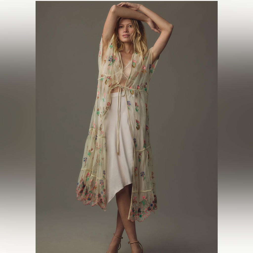 Anthropologie BlNk London Brand Floral Embroidered Overlay Duster